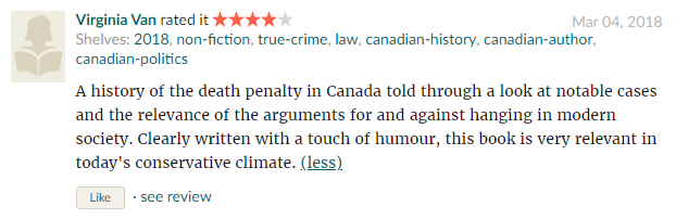 A history of the death penalty in Canada told through a look at notable cases and the relevance of the arguments for and against hanging in modern society. Clearly written with a touch of humour, this book is very relevant in today's conservative climate.